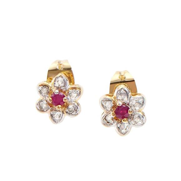 Ruby & Diamond Flower Stud Earrings – 18K Gold Plated - Picture 1 of 4
